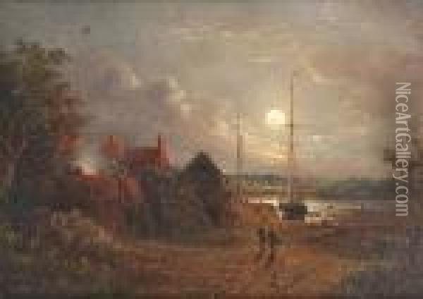 Figures Walking Towards A Moored Boat At Dusk Oil Painting - John Moore Of Ipswich