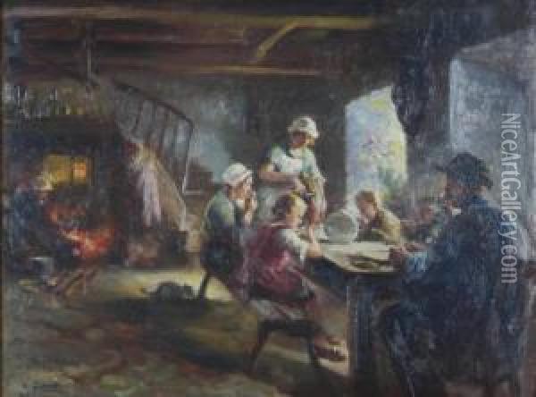 Family Gathered Around The Table Oil Painting - Max Silbert