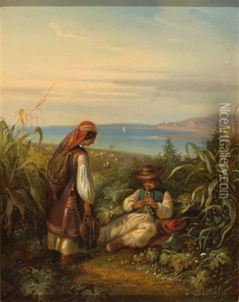 Adria-landschaft Mit Paar In Dalmatiner Tracht Oil Painting - Eugen Adam