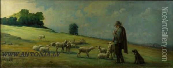Shepherd And Sheep Oil Painting - Zigfrid A. Bilenstein