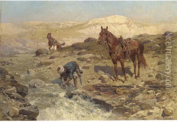 Horsemen At A River Oil Painting - Franz Roubaud