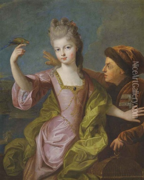 Portrait Of A Young Girl In A Pink Satin Dress Protecting Her Biseleur From A Birdkeeper Oil Painting - Pierre Gobert