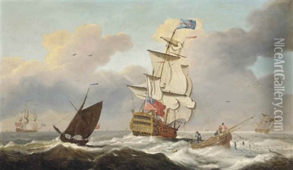A Two-decker Of The Red Squadron Running Down The Channel Leaving Fishermen Hauling In Their Catch In Her Wake Oil Painting - Francis Swaine