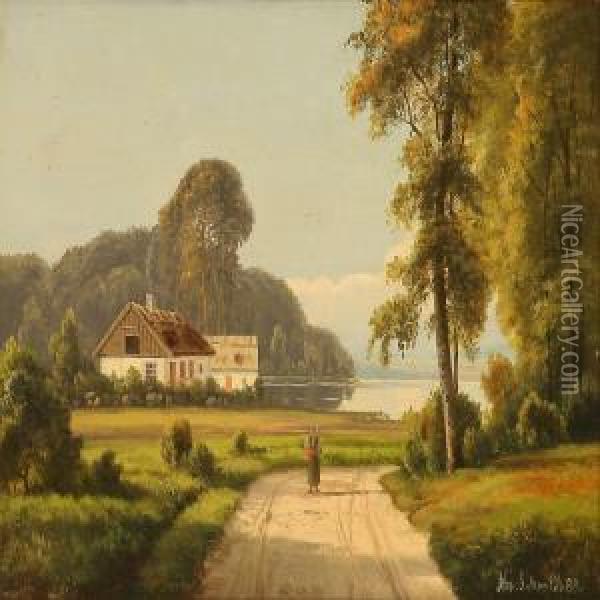 Summer Landscape With A Woman Walking On A Road Oil Painting - Alexander Schmidt