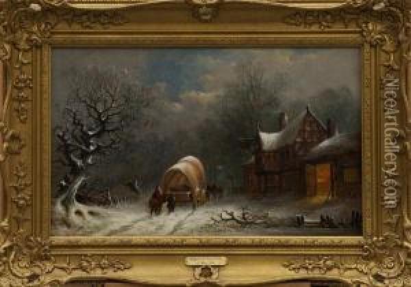 Winter Scene With Travellers And A Coveredwagon Beside An Inn Oil Painting - Joseph W. Mcintyre