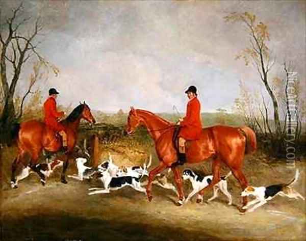 George Mountford Huntsman to the Quorn and W Derry Whipper In at John OGaunts Gorse nr Melton Mowbray Oil Painting - Richard Barrett Davis