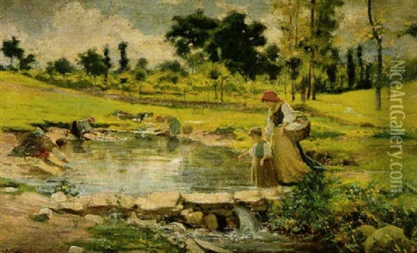 Washerwomen By The River Oil Painting - Luigi Cima
