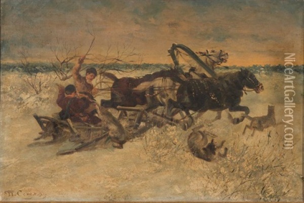 Two Hunters In Troika Warding Off Wolves Oil Painting - Petr Petrovich Sokolov