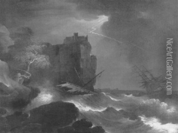 Shipping In A Storm Near A Castle On A Cliff Oil Painting - Giuseppe Bernardino Bison