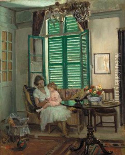 Interior With The Artist's Wife, Yvonne & Young Daughter, Elizabeth, At Montreuil-sur-mer Oil Painting - William Crampton Gore