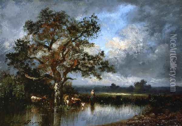 Cows and Cowherd Oil Painting - Jules Dupre