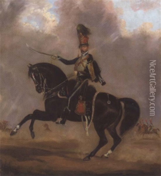 Portrait Of Captain Adolphus Bayard Of The 15th  Hussars, Mounted On His Charger Oil Painting - James Pardon