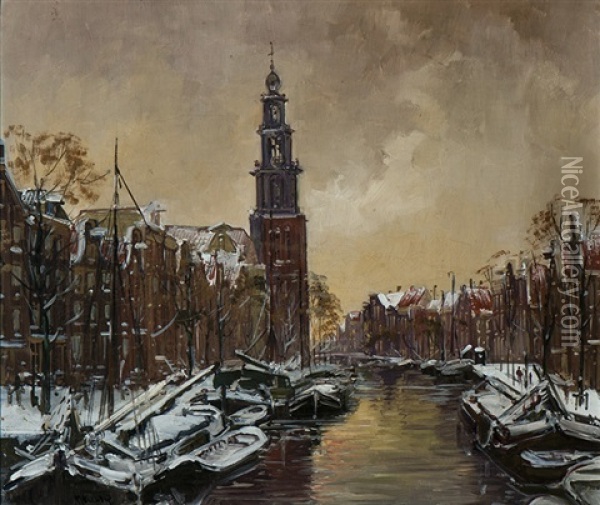 A View Of The Prinsengracht With The Westertoren Oil Painting - Jan Hermanus Melchior Tilmes