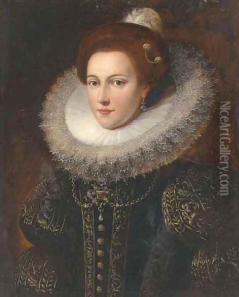 Portrait of a lady, bust-length, in an ornately embroidered dress and ruff Oil Painting - Justus Sustermans