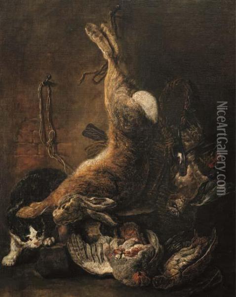 A Hare, Pigeons And Other Game With A Cat Oil Painting - Jan Fyt