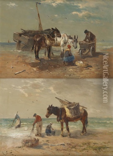 Pecheurs De Crevettes A La Mer Du Nord (2 Works) Oil Painting - Henry Schouten