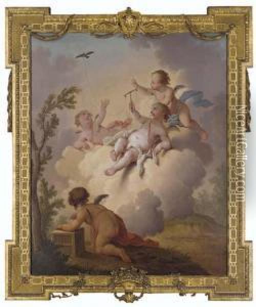 Putti Playing With A Teathered Bird Oil Painting - Hendrick Willelm Schweickhardt