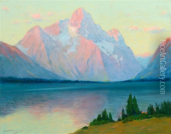 Sunrise On Mt. Moran From Jackson Lake On The Yellowstone Oil Painting - Charles Partridge Adams