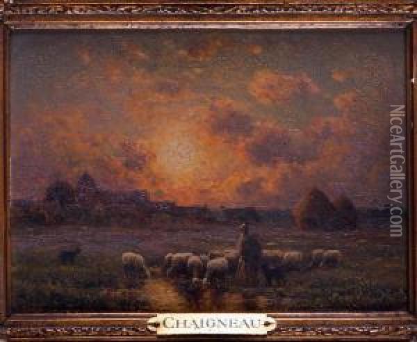 Berger Et Ses Moutons Au Soleilcouchant Oil Painting - Paul Chaigneau