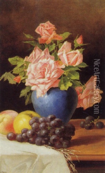 Rosenbluten In Blauer Vase Mit Trauben, Apfel Und Pfirsich Oil Painting - Paul Knauer-Hase