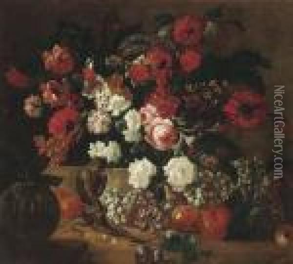 Poppies, Carnations, Roses, 
Tulips And Other Flowers In A Basket Ona Ledge With Grapes, Pears, 
Peaches, Plums And A Melon On A Forestfloor With A Monkey And A Parrot Oil Painting - Jean-Baptiste Monnoyer