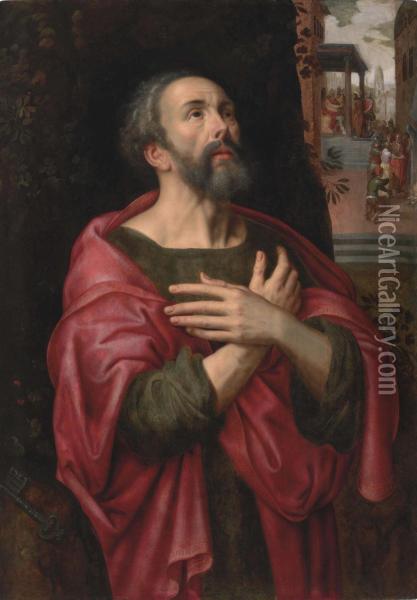 Saint Peter Penitent, With Christ Before Pilate And The Denial Of Saint Peter Beyond Oil Painting - Adriaen Thomasz I Key