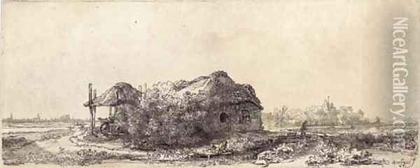 Landscape with a Cottage and Haybarn Oblong Oil Painting - Rembrandt Van Rijn