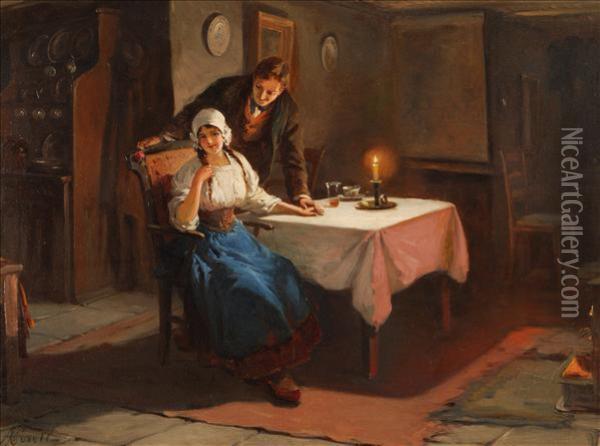A Couple In A Candlelit Interior Oil Painting - Anna Plate