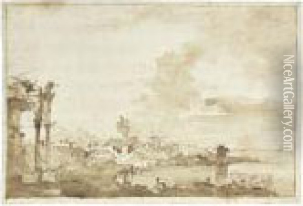 A Capriccio With Figures By A 
Shore, A Ruined Arch To The Right,and Other Buildings And A Bridge Oil Painting - Francesco Guardi