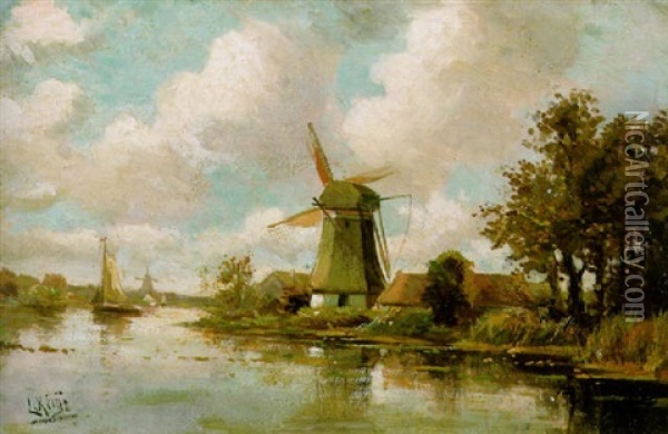 Dorf Mit Windmuhle An Einem Hollandischen Flus Oil Painting - Lodewijk Johannes Kleijn