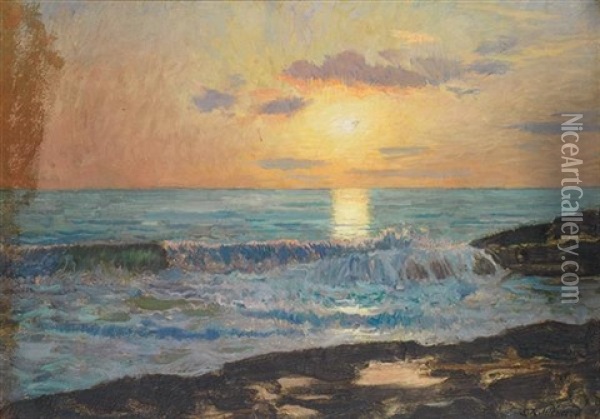 Coucher De Soleil Sur La Mer Oil Painting - Emile Rene Menard