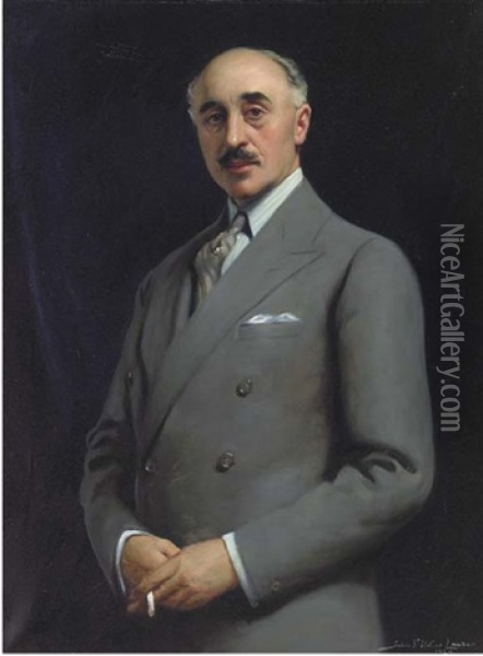 Portrait Of Ramolo Piazzani (1872-1932), Half-length, In A Grey Suit Oil Painting - John Saint-Helier Lander