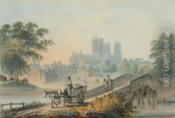 York, A View Of The River Ouse With The Minster And Buildings Beyond Oil Painting - Nicholson, F.