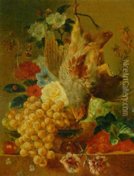 A Still Life With Grapes, Flowers And A Bird Oil Painting - Georgius Jacobus Johannes van (the Younger) Os