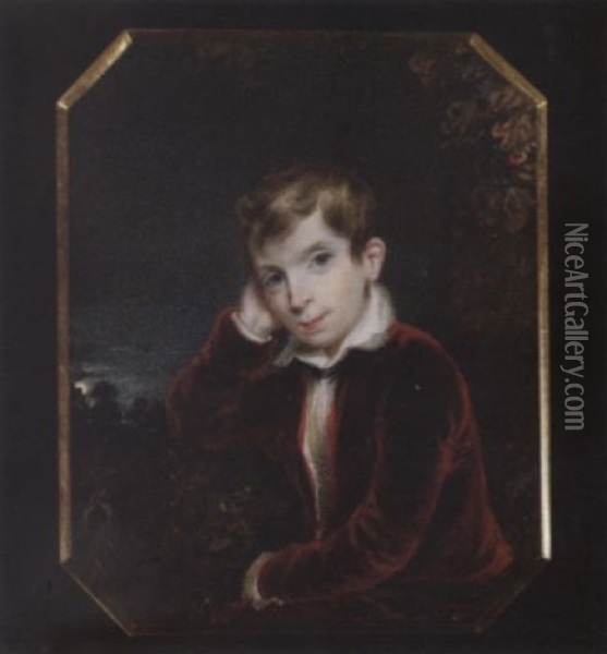 A Young Boy Seated In A Moonlit Landscape, Wearing Burgundy Velvet Suit And White Shirt Oil Painting - Samuel Shelley