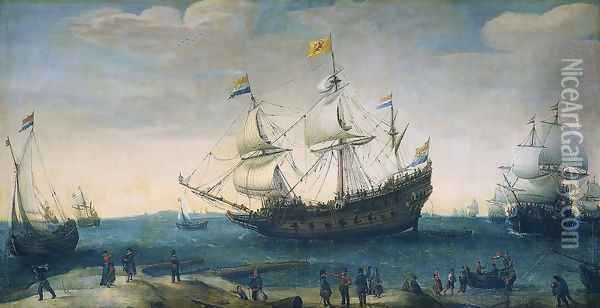 Het uitzeilen van een aantal Oost-Indiëvaarders uit het Marsdiep. In het midden het schip 'Mauritius' 2 Oil Painting - Cornelis Hendricksz. The Younger Vroom