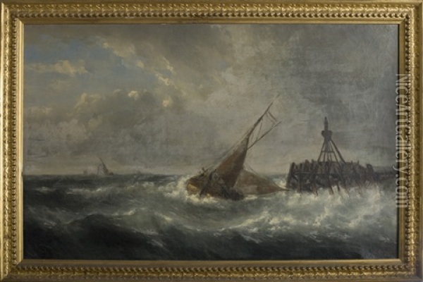 Boat Rounding A Buoy In Stormy Seas Oil Painting - Francois Carlebur II