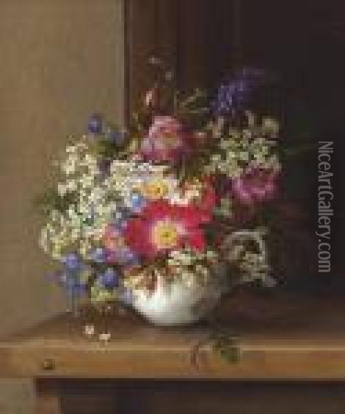 Still Life With Dog Roses, Larkspur And Bell Flowers In A White Cup Oil Painting - Adelheid Dietrich