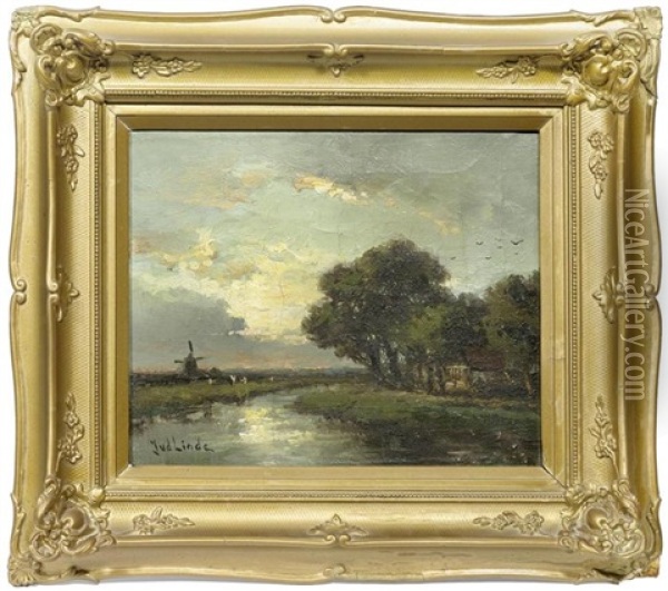 Hollandische Flusslandschaft Mit Muhle Oil Painting - Jan Van Der Linde