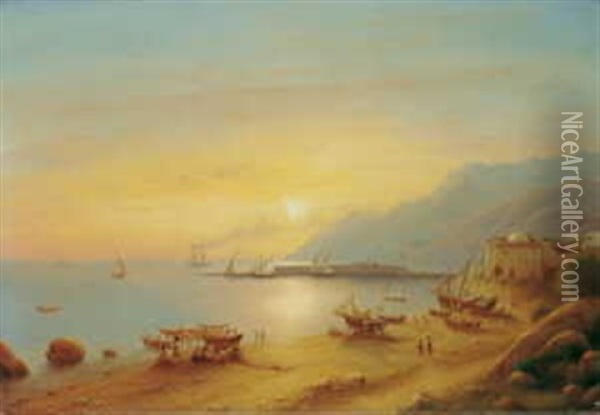 Suditalienische Kustenlandschaft (amalfi-kuste?) Oil Painting - Johann Wilhelm Bruecke