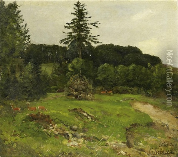 Waldlichtung Mit Rotwild Oil Painting - Christian (Johann Christian) Kroener