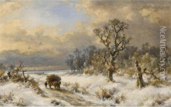 A Horse Drawn Cart In A Winter Landscape Oil Painting - Lodewijk Johannes Kleijn