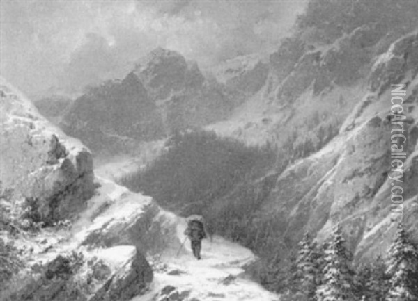 Einsamer Wanderer In Winterlicher Gebirgslandschaft Oil Painting - Anton Victor Steinach