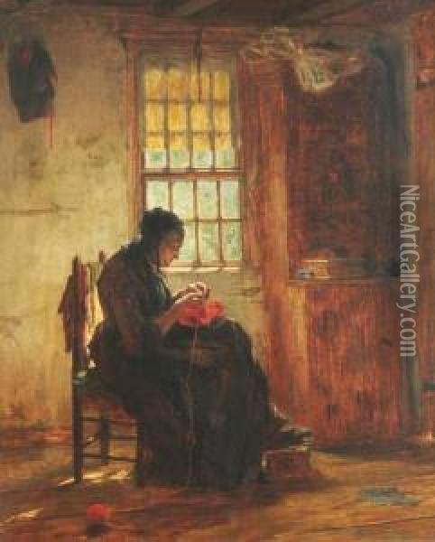 Woman Knitting By A Window Oil Painting - Edwin White