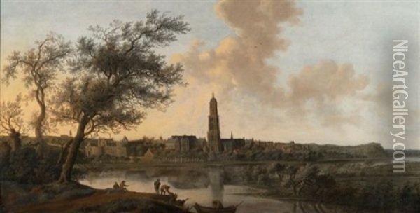 A Panoramic View Of Rhenen Seen From The West, Along The Bank Of The River Rhine Oil Painting - Anthony Jansz van der Croos