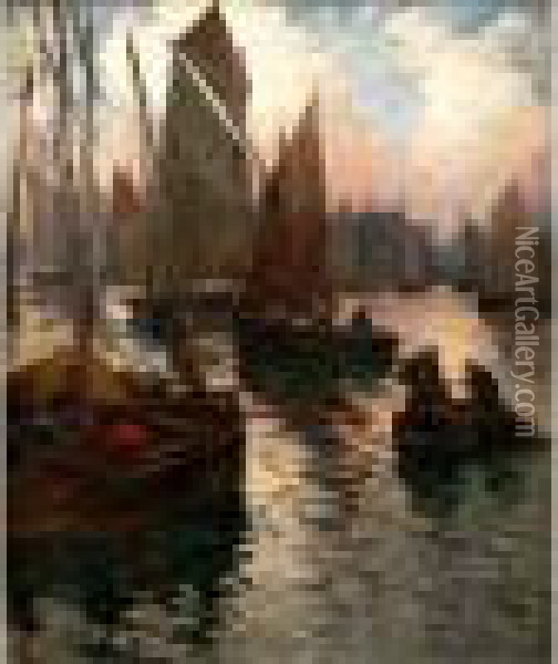 Barques De Peche Dans Le Port, Le Soir Oil Painting - Fernand Marie Eugene Legout-Gerard