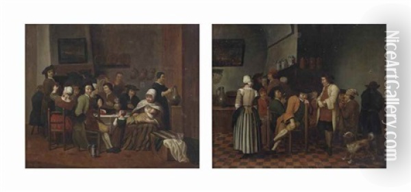 A Merry Company Conversing, Seated At A Laid Table With A Woman Nursing A Baby; And A Merry Company Conversing And Drinking In An Interior Oil Painting - Jan Josef Horemans the Younger