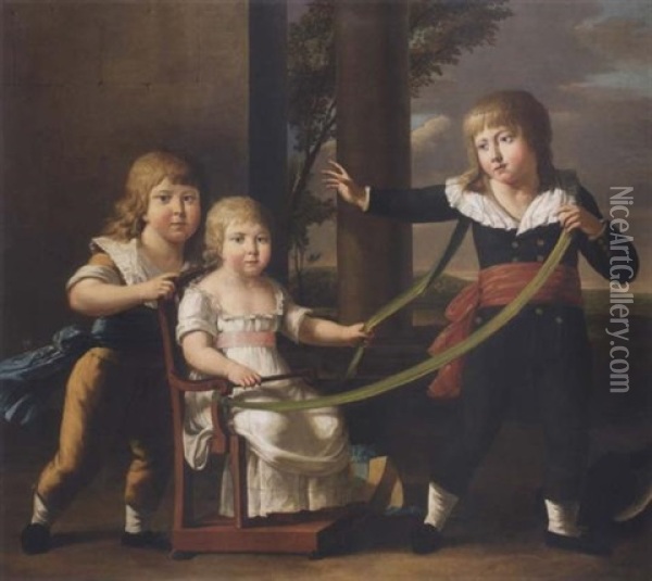 Portrait Of Charles, Michael And Anne Gordon Standing On A Terrace Oil Painting - Nicolas Joseph Ruyssen