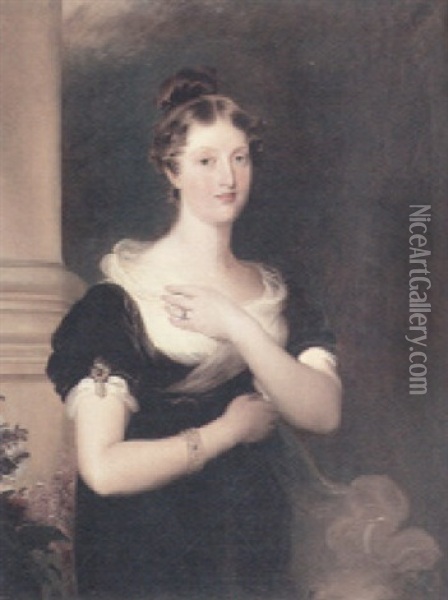 A Portrait Of Princess Charlotte (?) In A Velvet Dress With A White Organza Scarf Oil Painting - Thomas Lawrence