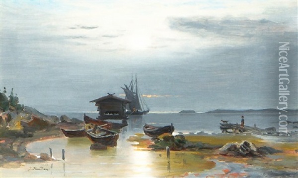 Boats On The Shore Oil Painting - Johan Knutson